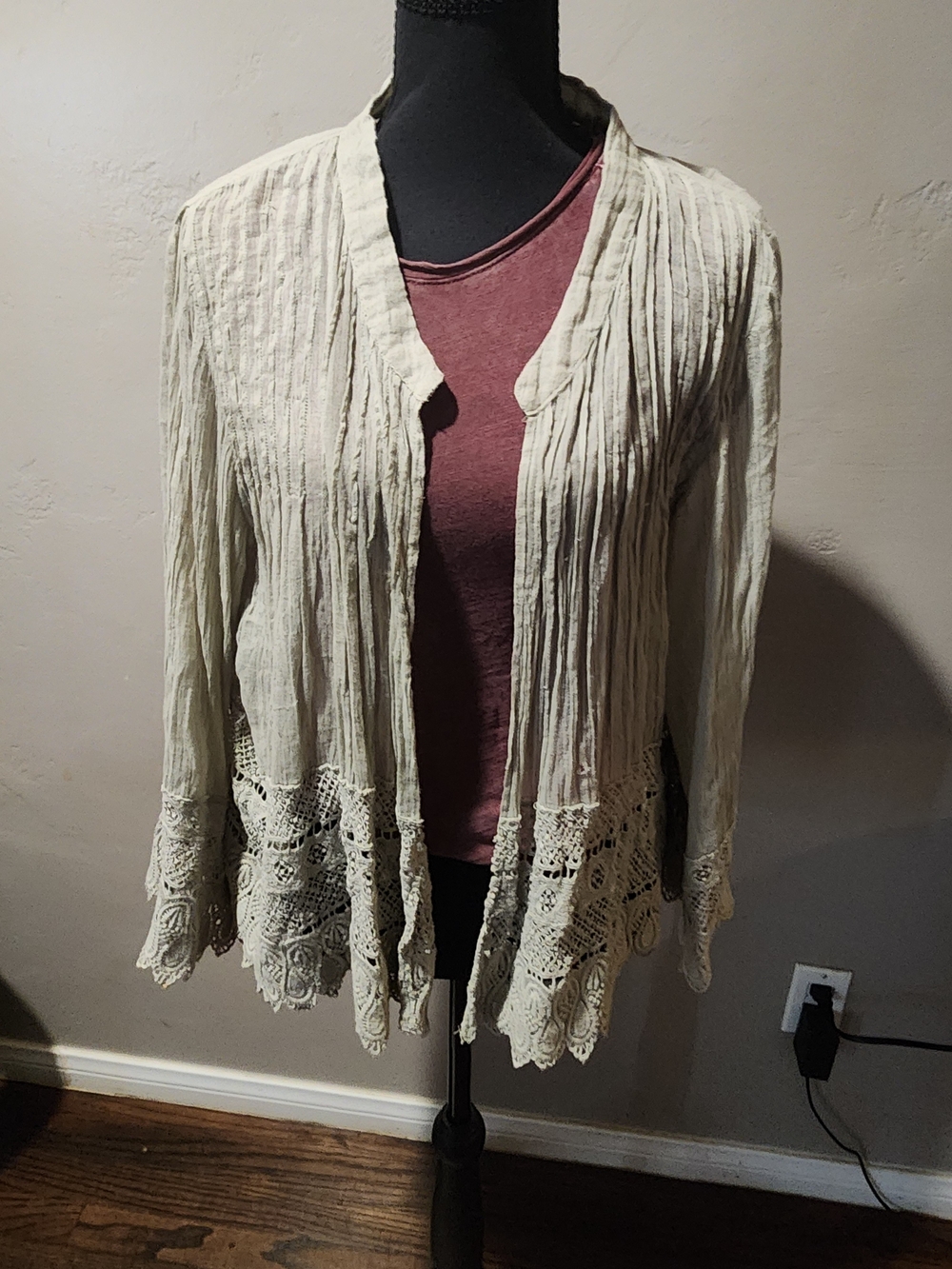 Free People Cream Crochet-Trim Open Cardigan